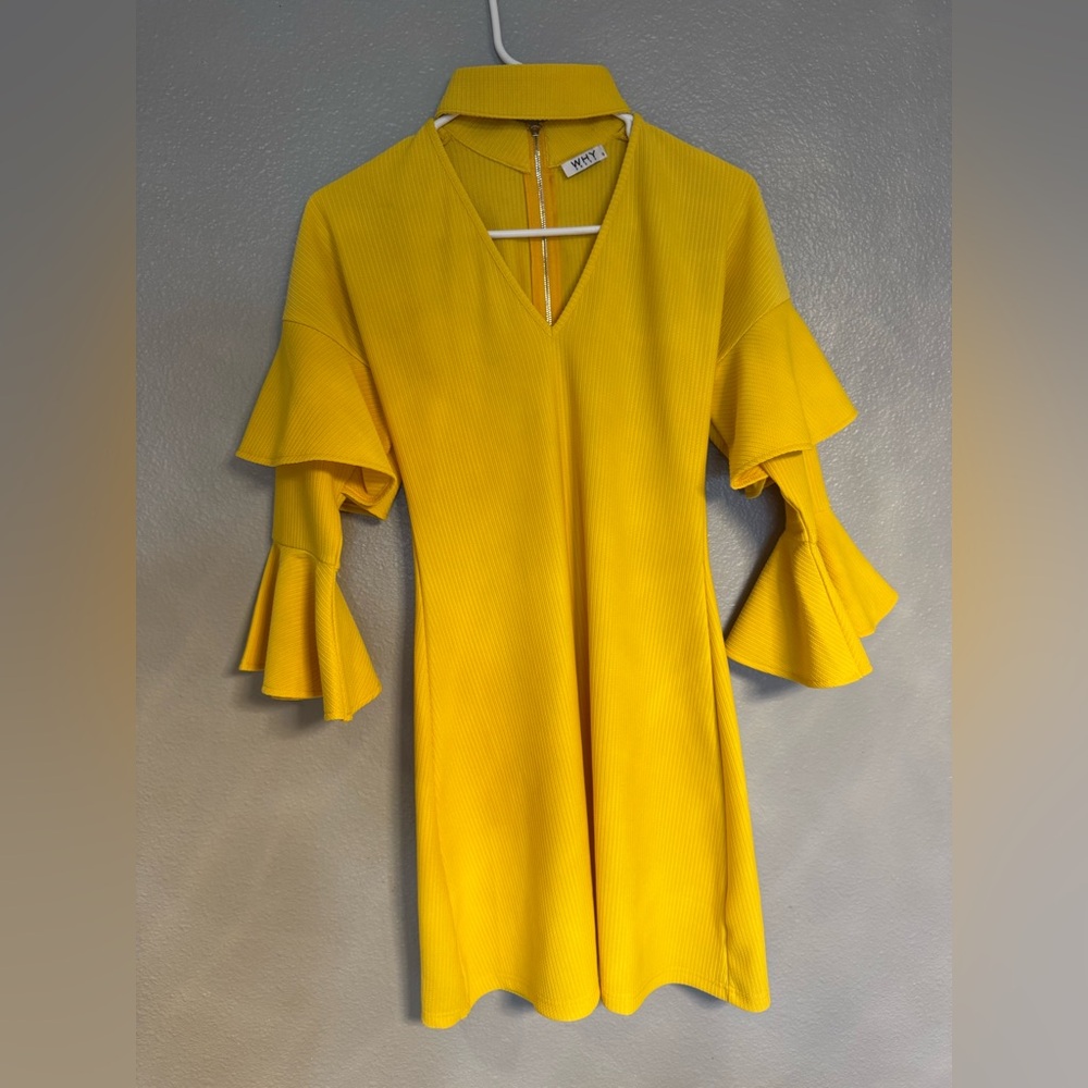 Yellow V-Neck Sheath Dress with Bell Sleeves